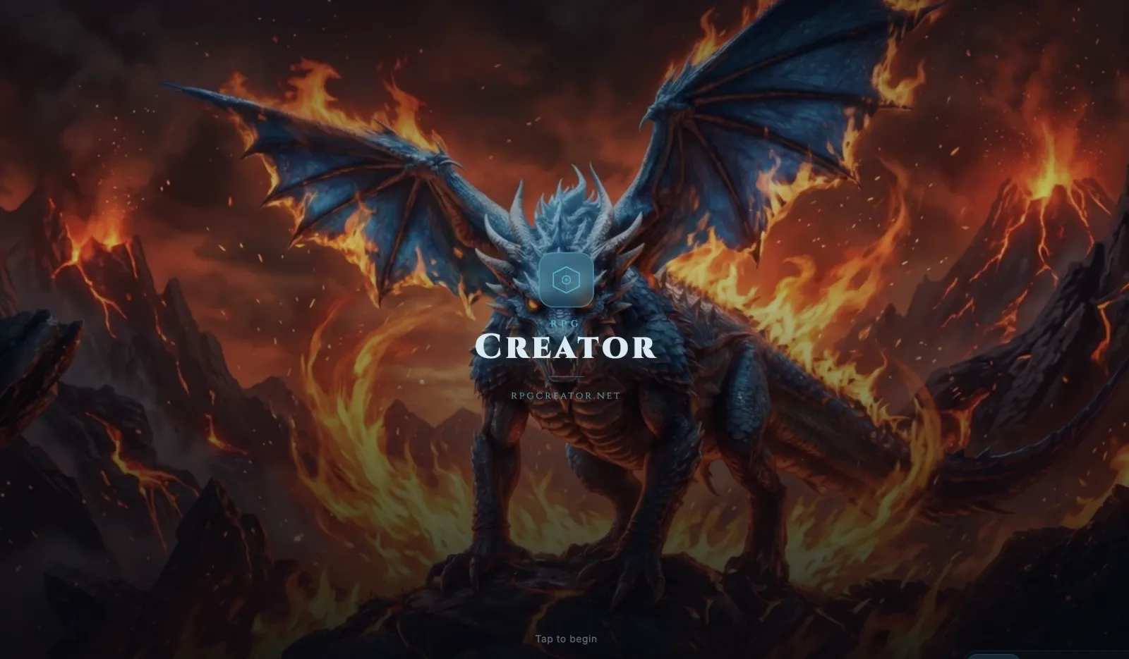 The RPG Creator app opening screen: a blue dragon on a burning mountainside