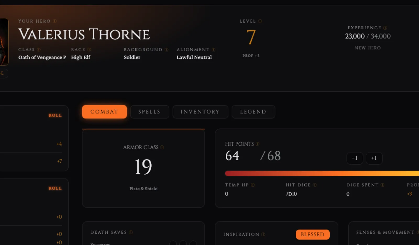 The living character sheet: ability scores, armour class, hit points and actions