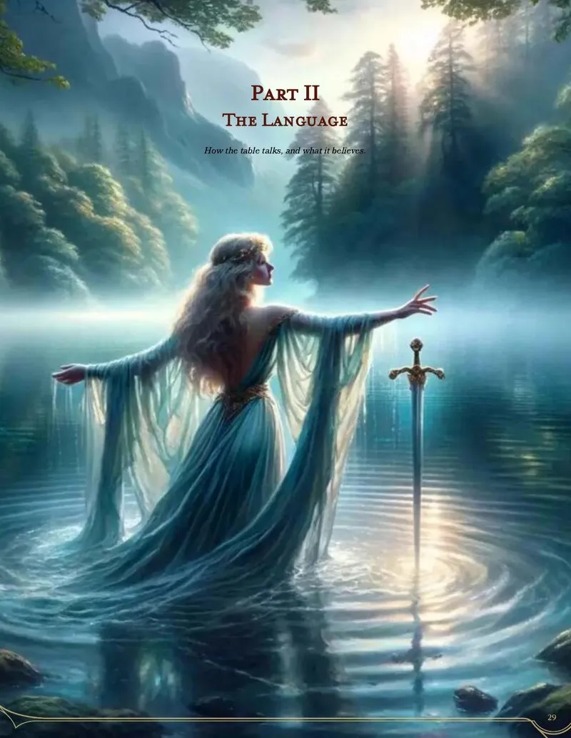 Part II divider page, The Language: a woman in a flowing gown stands in a misty lake beside a sword